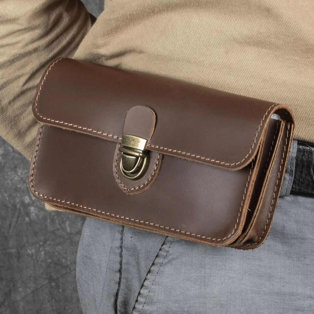 Brand Top‑Layer Cowhide Flap‑Over Lock‑Buckle Waist Pouch Men's Genuine Leather Belt Bag Multi‑Space Storage Wallet Waist Bag