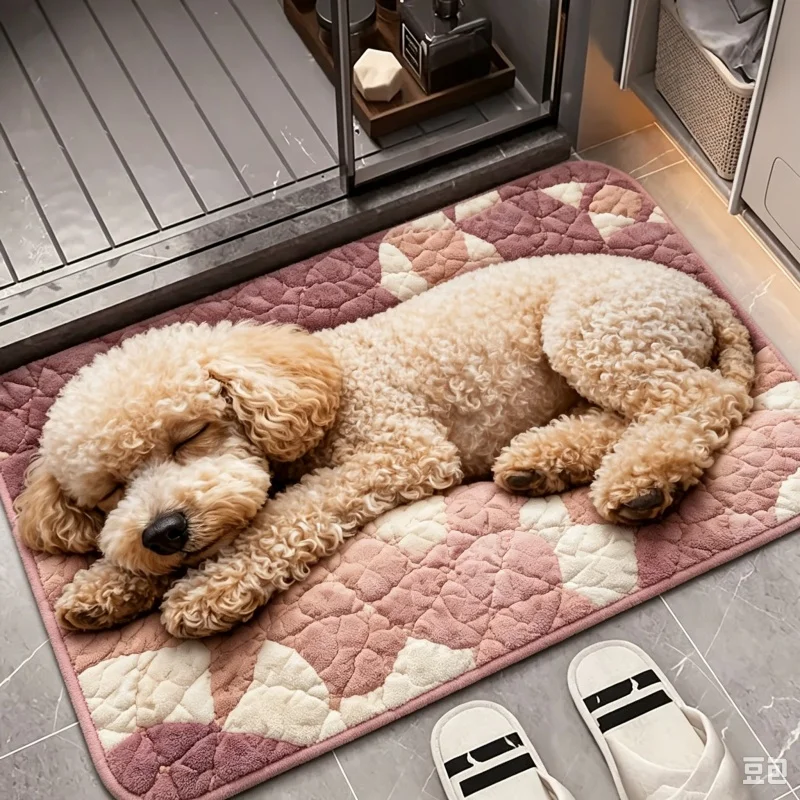 Sleepy Curly Puppy Dog Pattern Floor Mat,Soft Quilted Style Rug for Pet Rest Area,Entryway,Indoor Household Comfortable Floor