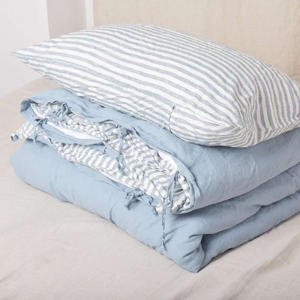 

blue and pin stripe double sided flax french linen bedding set customized 100% linen duvet set duvet cover and pillow