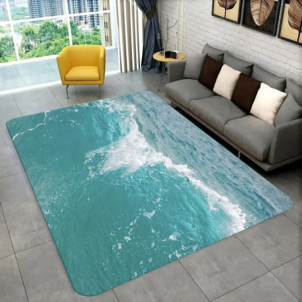 Teppichkollektion im Ozeanwellen-Stil, realistische Bodenmatte mit Meer und Strandmuster für Wohnzimmer, Küste, Heimdekoration