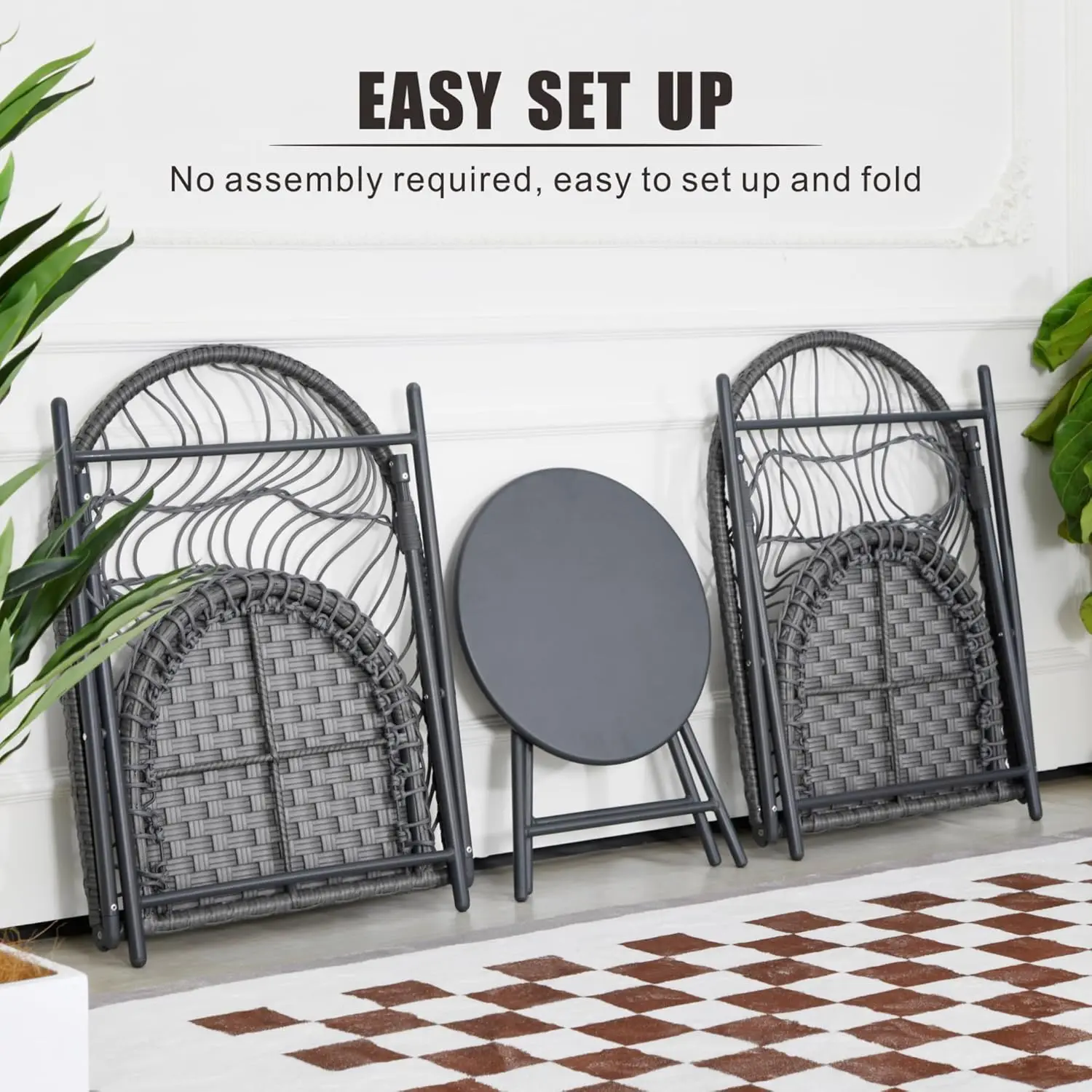 Juego de bistró plegable de 3 piezas para patio con sillas plegables de ratán y mesa redonda, muebles de exterior pequeños para balcón, jardín, respaldo