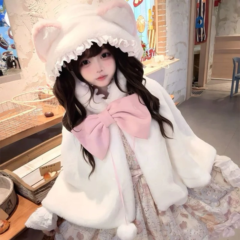 

Japanese Sweet Lolita Cat Ear Hooded Cloak Women Kawaii Bow Plush Warm Thick Jacket Lovely Clothing Harajuku Y2k Cute Capes Coat
