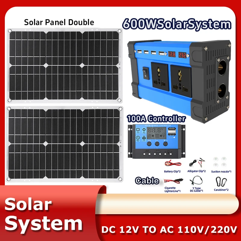 6000W 듀얼 태양광 발전기 키트 - 2x600W 접이식 패널 + 100A MPPT 및 순수 사인 인버터(110V/220V)