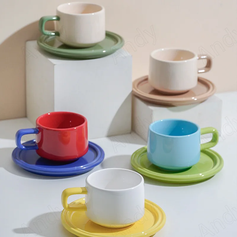 Modern Ceramic Mug Funny Contrasting Colors Decorative Desktop Coffee Cup Set European Home Breakfast Milk Cups and Saucer Sets