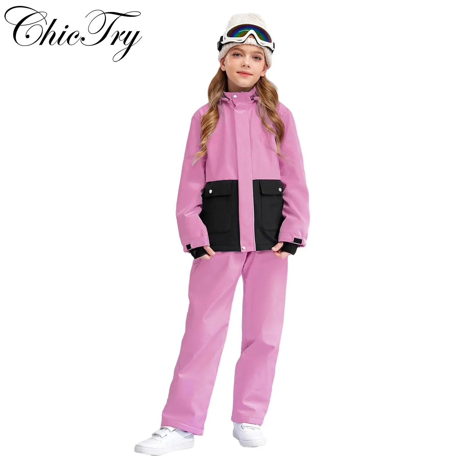 Tuta da sci per bambina per bambini Sport sulla neve all'aperto Sci Snowboard Pattinaggio Set Giacca a maniche lunghe Cappotto con cappuccio con pantaloni Abbigliamento sportivo