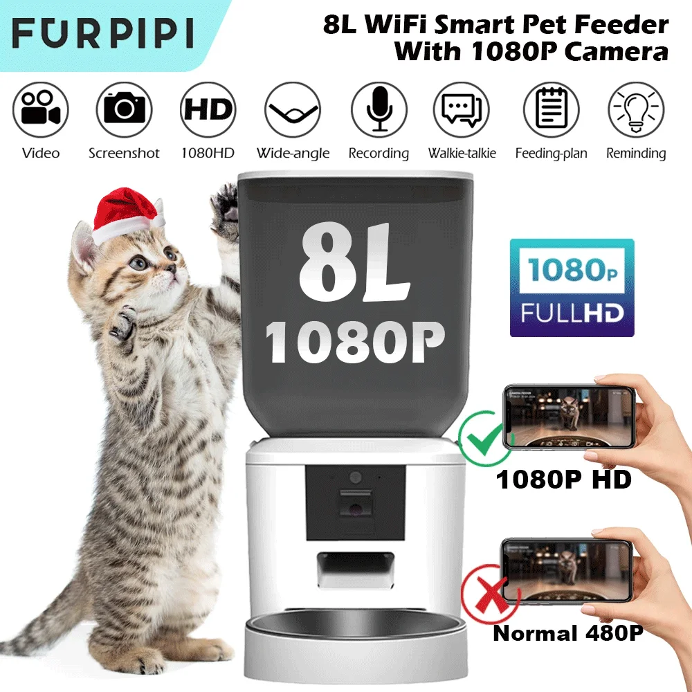 Alimentador automático para cães gatos com câmera HD 4L/8L Furpipi HD 1080P 2.4G/5GWiFi Alimentador de configuração de tempo para animais de estimação Cães Gatos Tigelas