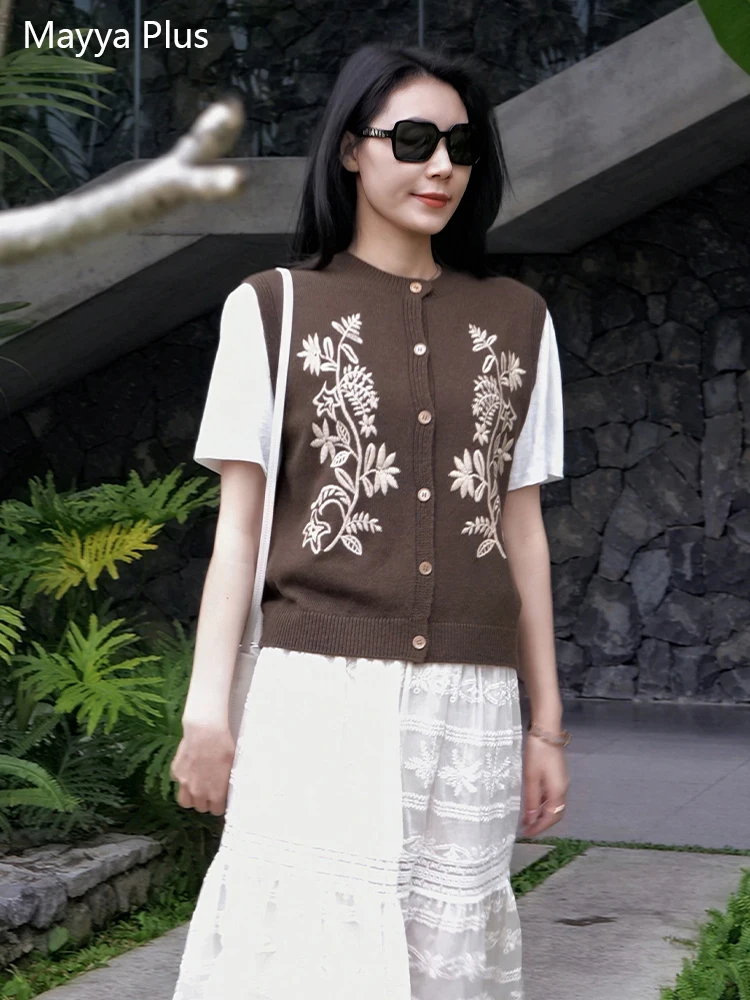 

Женский вышитый цветочный жилет Mayya Plus с круглым вырезом, открытый кардиган-жакет, весенний модный топ для художественного многослойного образа