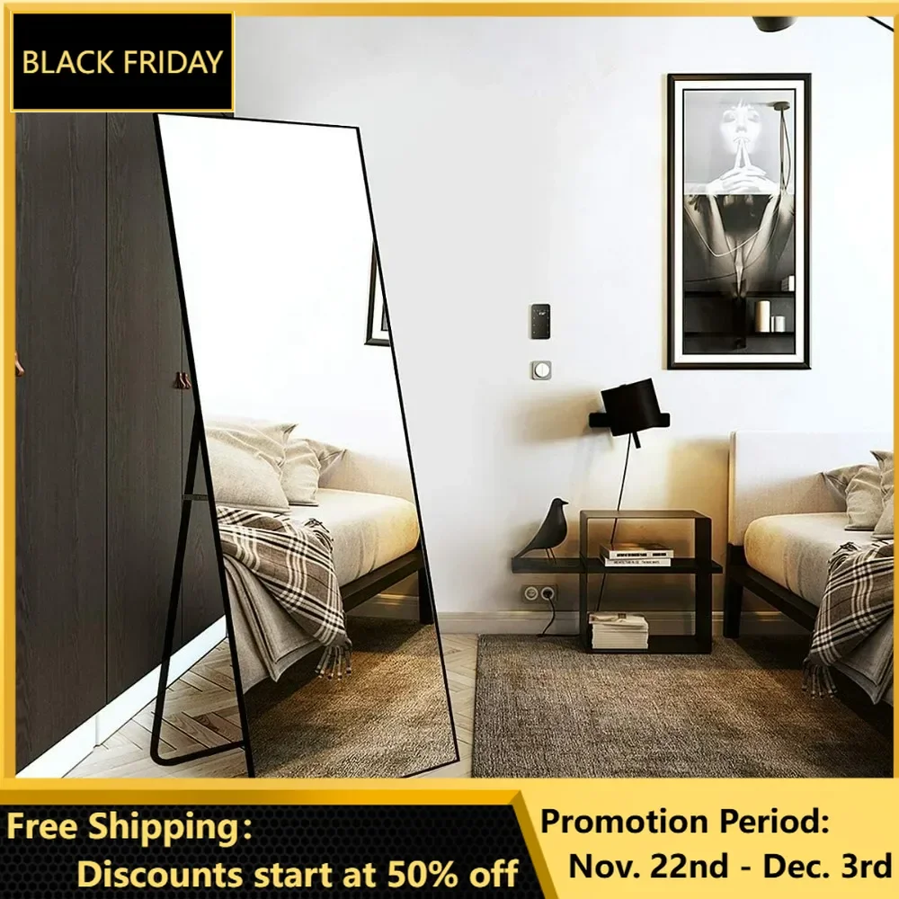 Floor Mirror with Stand, Full Body Tall Mirror, Freestanding or Wall-Mounted, Brushed Thin Frame, for Bedroom, Liveing Room