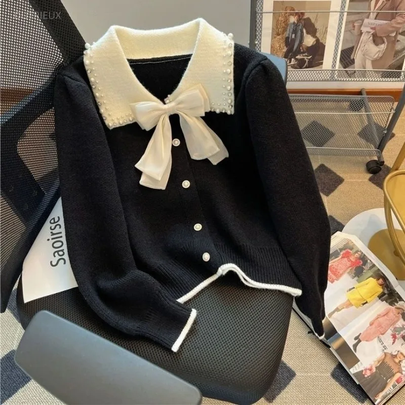 Peter Pan Collar Women Cardigan Sweet Pull Femme Bow Heavy Beading Knitted Sweater Jackets Sueter Mujer 2025 Winter Clothing
