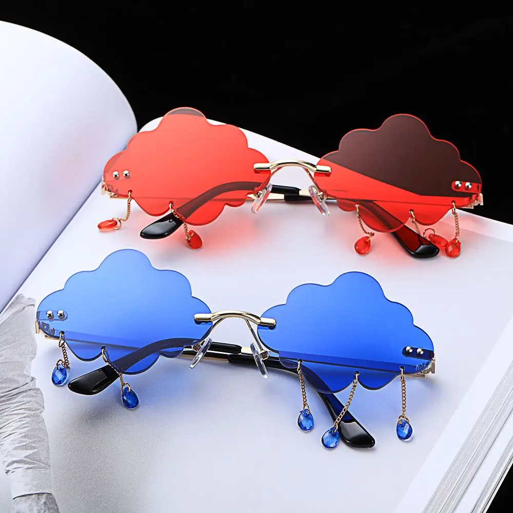 Óculos de sol Steampunk Cloud Shaped para homens e mulheres, Funny Disco Glasses, Rimless Sunglasses, Clouds Tassel Sunglasses, UV400