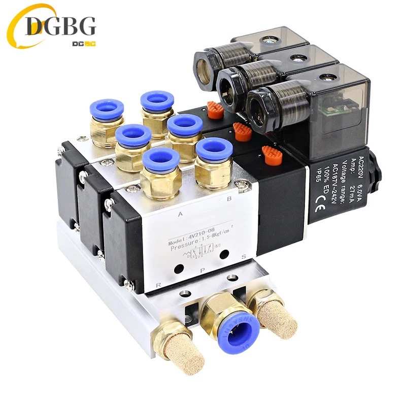 

12/24V DC 110/220V AC Multi Option 4V210-08 Pneumatic Solenoid Valve Block With Muffler Fitting Base Manifold 2/3/4/6 Way