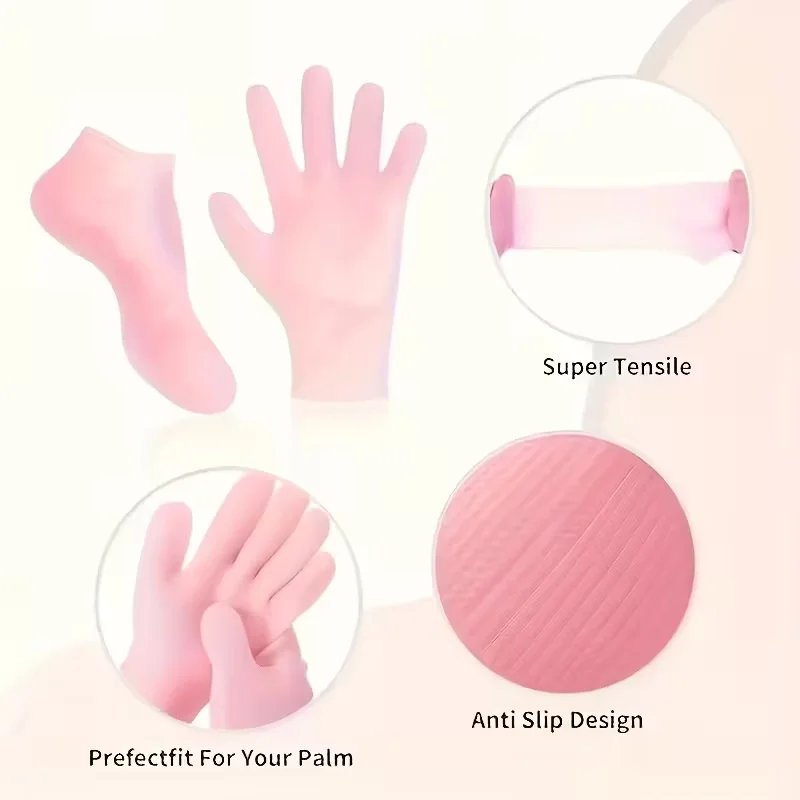Silicone Moisture Socks & Gloves Set for Dry Cracked Skin, 4-Pc Reusable Non-Slip Treatment, Unscented image 3