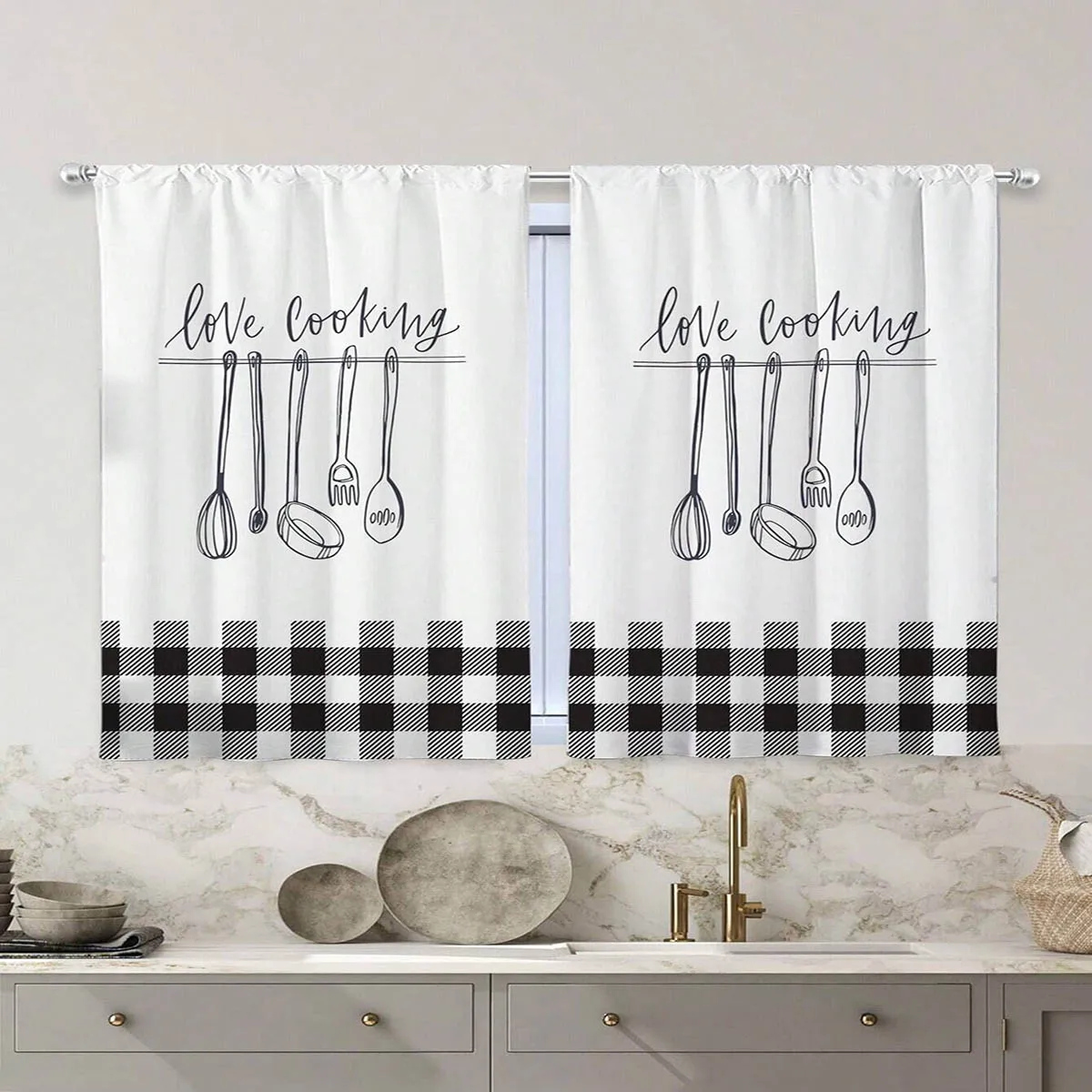 2 Pieces, Modern Minimalist Plaid Cartoon Print Curtains, 100% Polyester, Suitable For Decorating Restaurant And Kitchen Windows