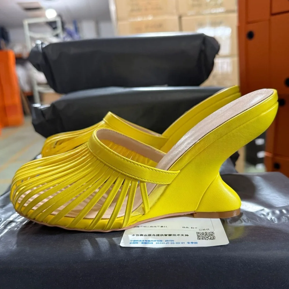2026 Summer Women Metallic Strap Cutout Wedge Heel Mules Round Toe Slip on High Heel Plus Size Party Sandals - view 6