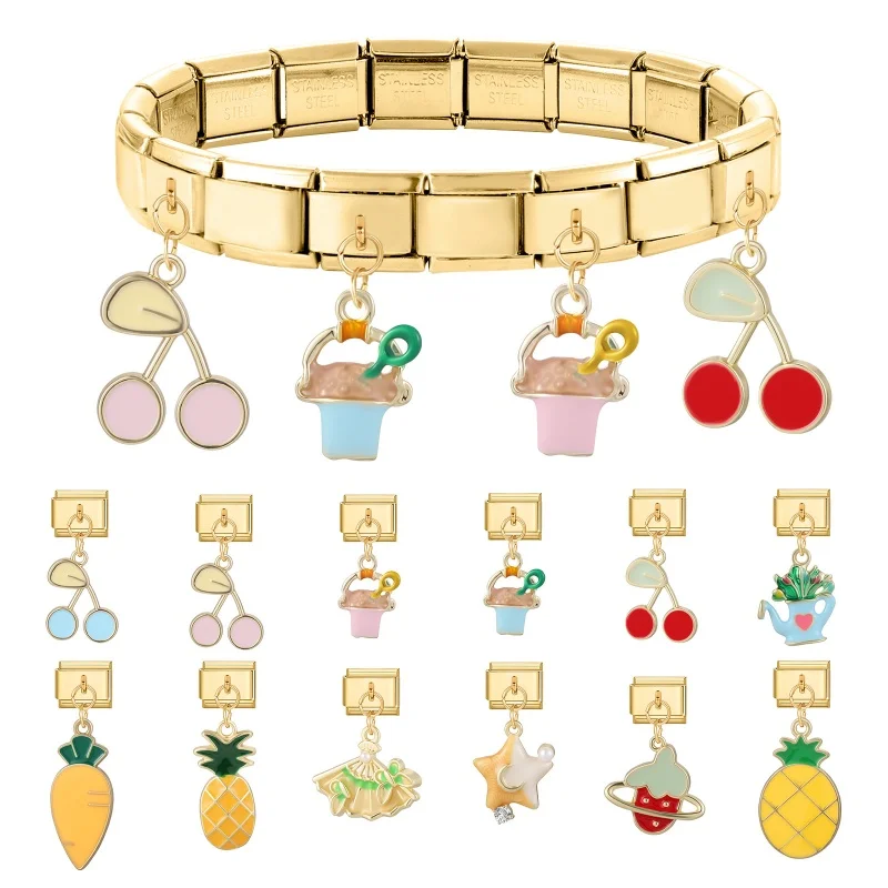 Fashion Flower Snowflake Moon Strawberry Cherry Pendant Italian Links Charm Fit 9mm Bracelet Stainless Steel Jewelry Making Gift