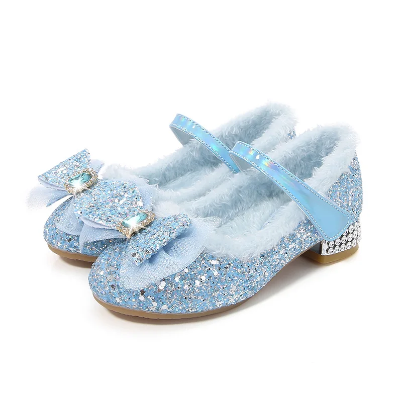 Disney Girls\' High Heels Women Treasure Crystal Shoes Winter Children\'s Plush Fashion Bow Frozen Princess Elsa Shoes Size 23-36