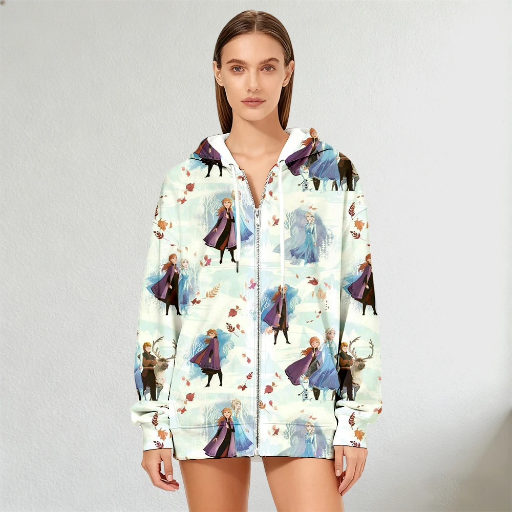 Disney Frozen Damen-Kapuzenpullover mit Reißverschluss, Elsa Anna und Herbstblätter-Druck, Herbst- und Wintermode, Streetwear für lässige Alltagsstile