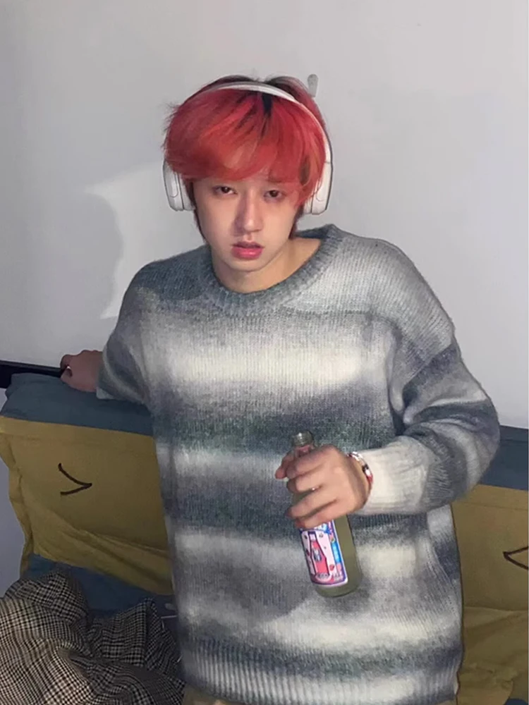 

Мужской трикотажный свитер с круглым вырезом и цветными полосками, свободный повседневный базовый слой, верхняя одежда, зимняя мода