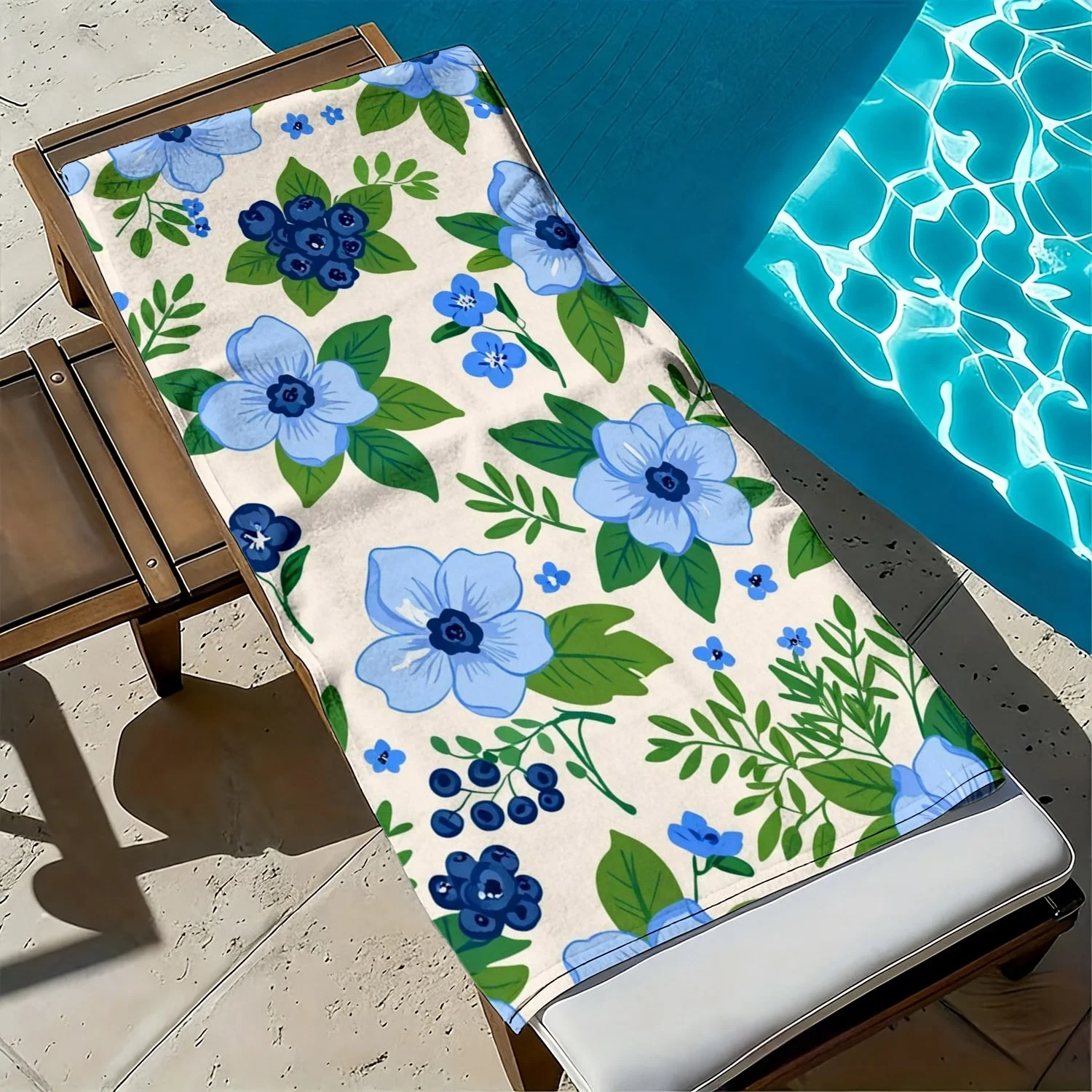 Fresh floral blue and green leaf pattern polyester microfiber beach towel is highly absorbent, suitable swimming beach outings