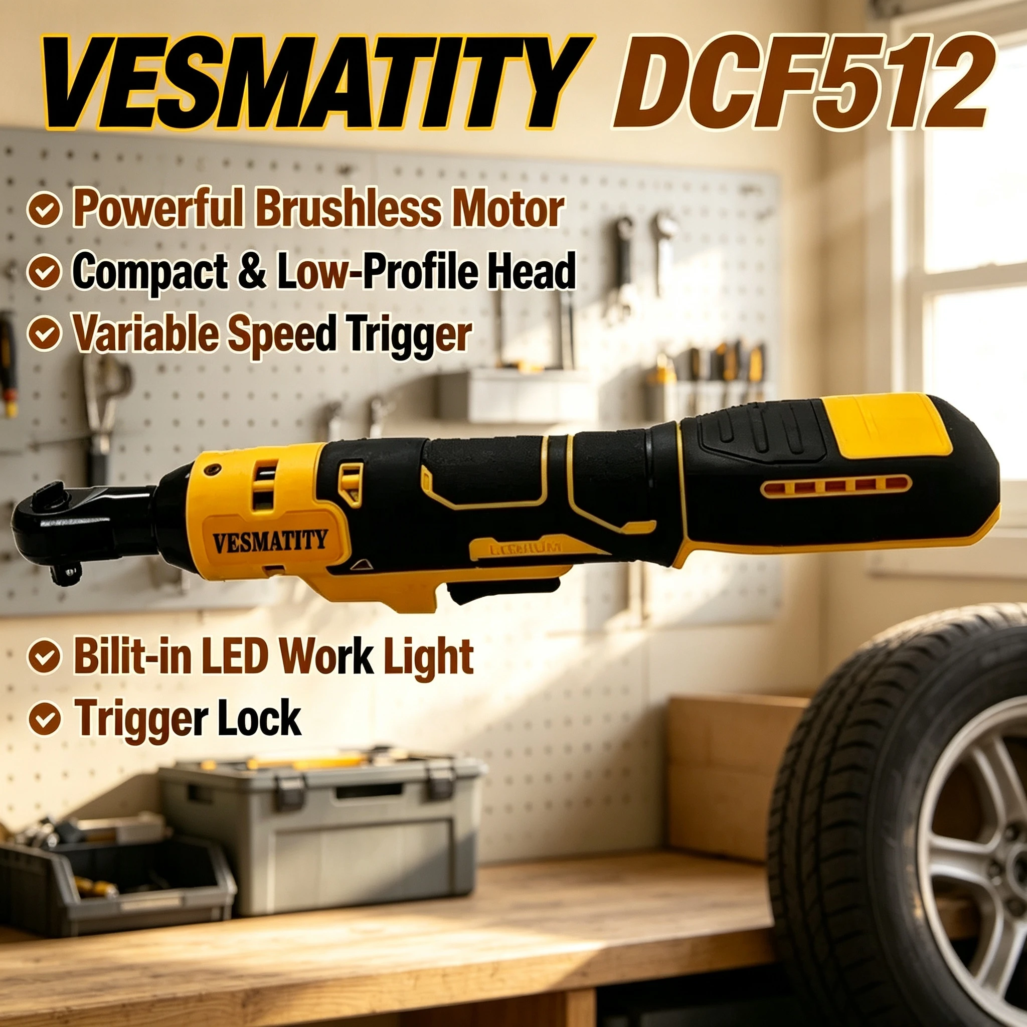 Vesmatity DCF512 95Nm 10MM Brushless Cordless Ratchet Wrench 3300RPM 12 Inch Drive 18V Battery Max Pro HD Use