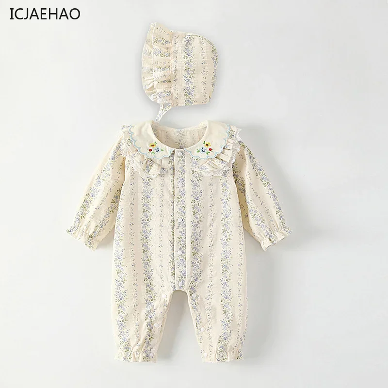 

ICJAEHAO 2024 Baby Girl Clothes Matching Autumn Fresh Style Floral Doll Collar Western Jumpsuit Climbing Outfit for Going Out