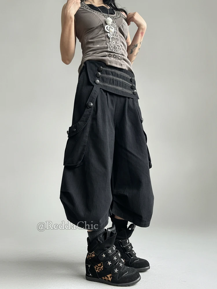 REDDACHiC Goth Royal Women Capri Cargo Pants Vintage Button Low Waist Pleated Baggy Bermuda Shorts Alternative Summer Clothes