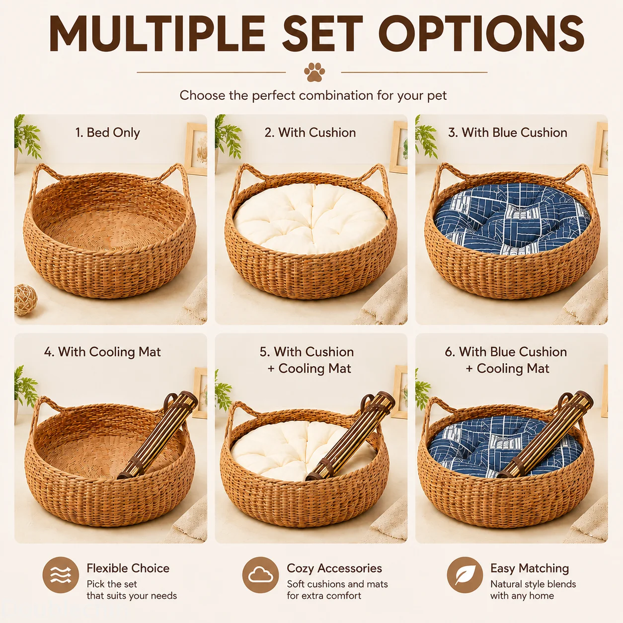 Round Wicker Cat Bed Basket Natural Rattan Pet House Kitten Small Dog Summer Cooling Breathable Sleeping Nest Washable