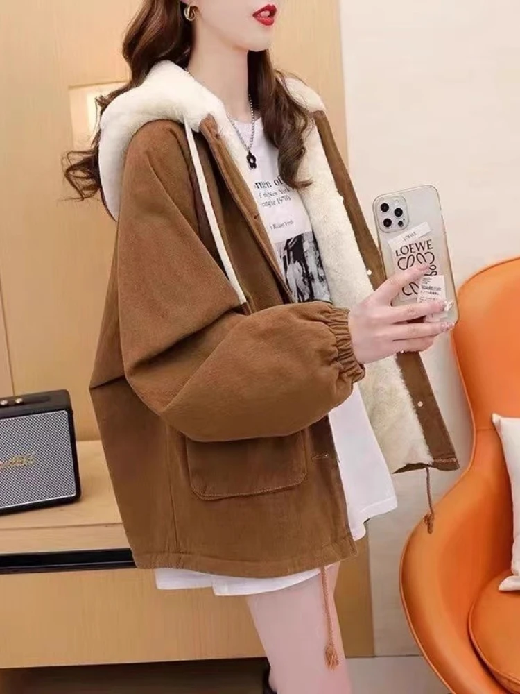 Women's Winter Fleece-Lined Denim Parka Oversized Hooded Cargo Coat Slouchy Shearling-Lined Jacket Warm Casual Utility Outerwear