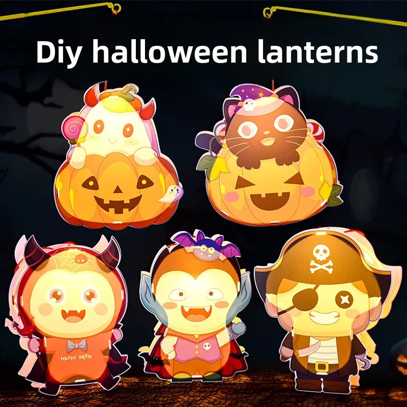 Halloween Cartoon Handheld LED Glowing Lantern DIY Kit Handmade Craft Material Pack Holiday Decor Educational Toy Party Gift