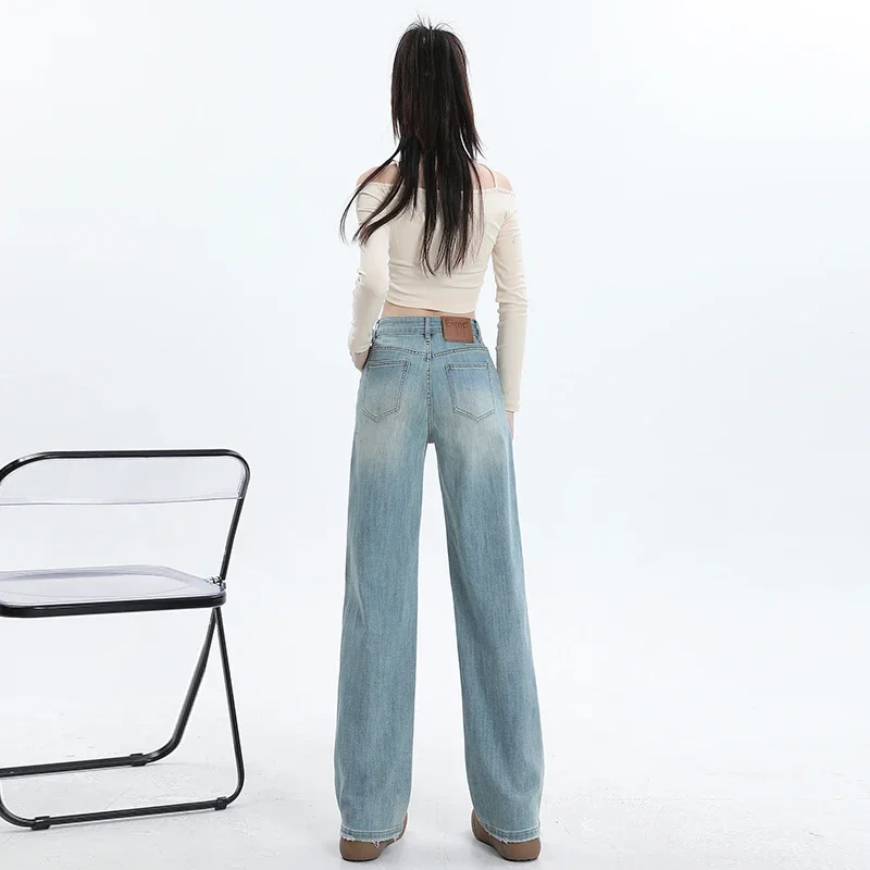 Wide Leg Blue Jeans for Women Korean Fashion Spring Stretch Retro Color Small Straight Leg Womens Pants Plus Size XL