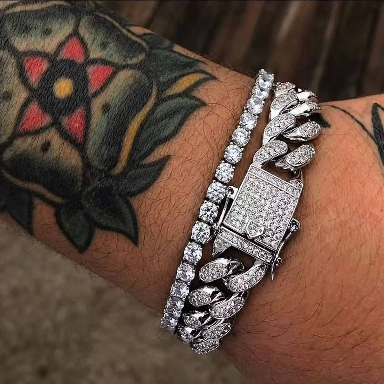 2/4PCS Hip Hop Iced Out Bling Bracelet Set for Men  Rhinestone Cuban Link Chain and Tennis Bracelet Rapper Punk Party Jewelry