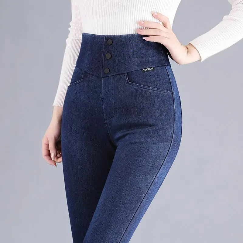 Korean Fashion Women Skinny Jeans Spring Autumn Solid Pencil Pants Elastic Band High Waist Pockets Lace-up Casual Full Trousers