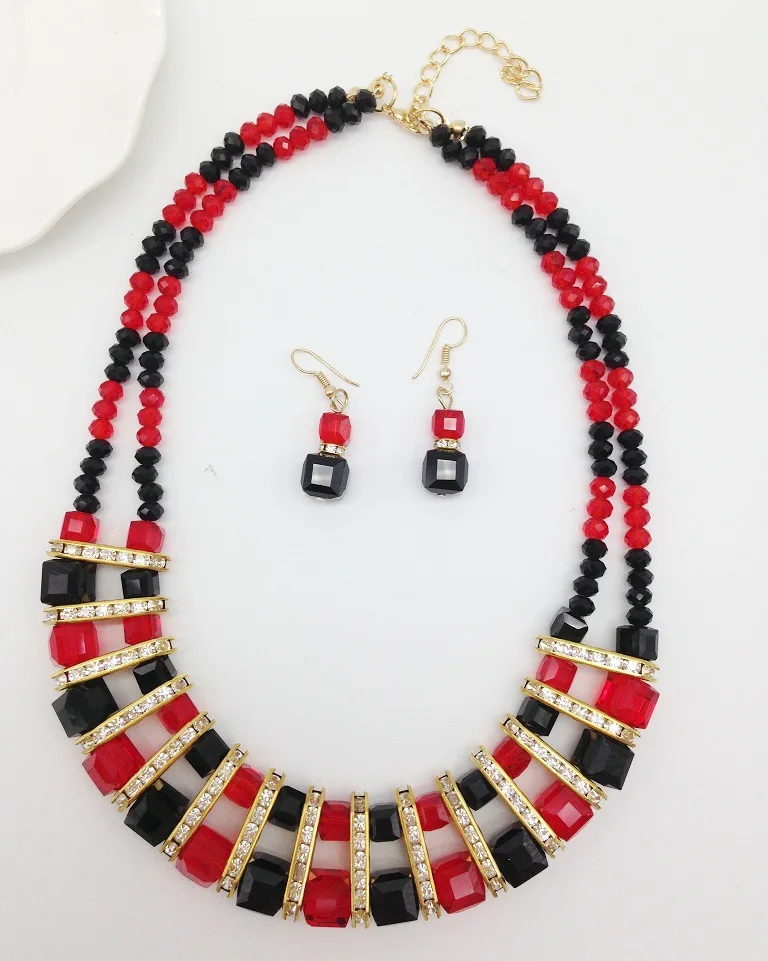 6385 new European fashion set crystal crystal glass color necklace earrings collarbone chain set necklace
