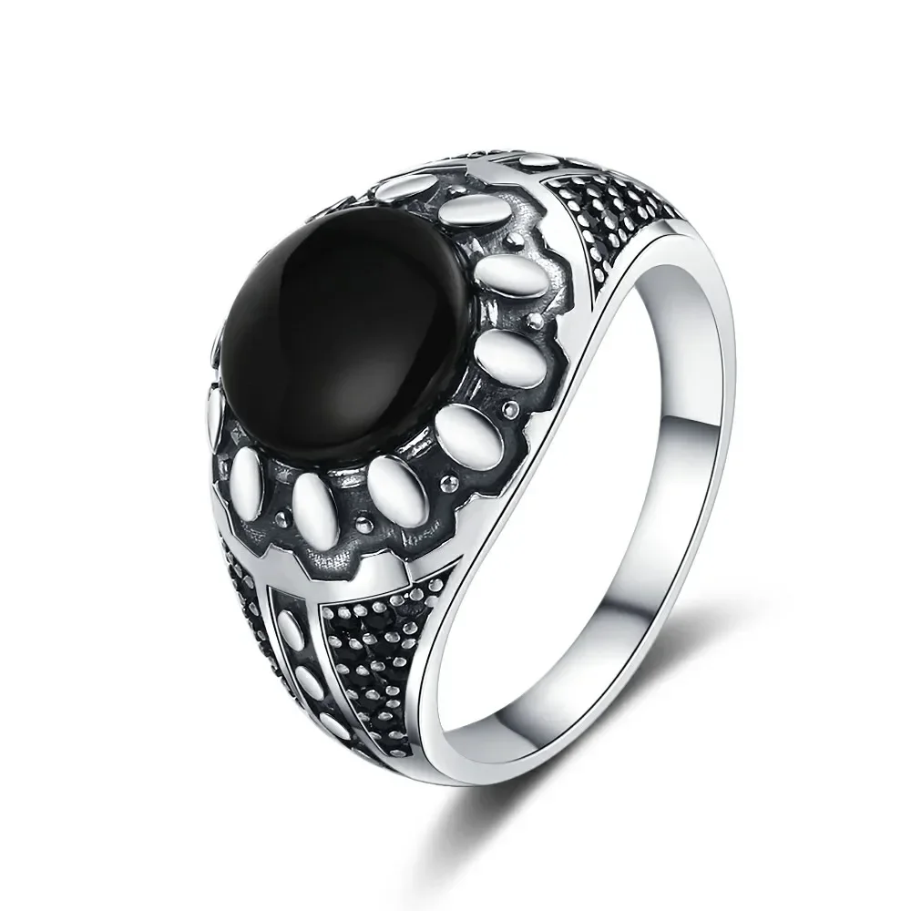 

Men's Vintage Round Black Agate Stone Retro Turkish Jewelry For Party Lover's Silver Plated Rings Party Wedding Gift Wholesale
