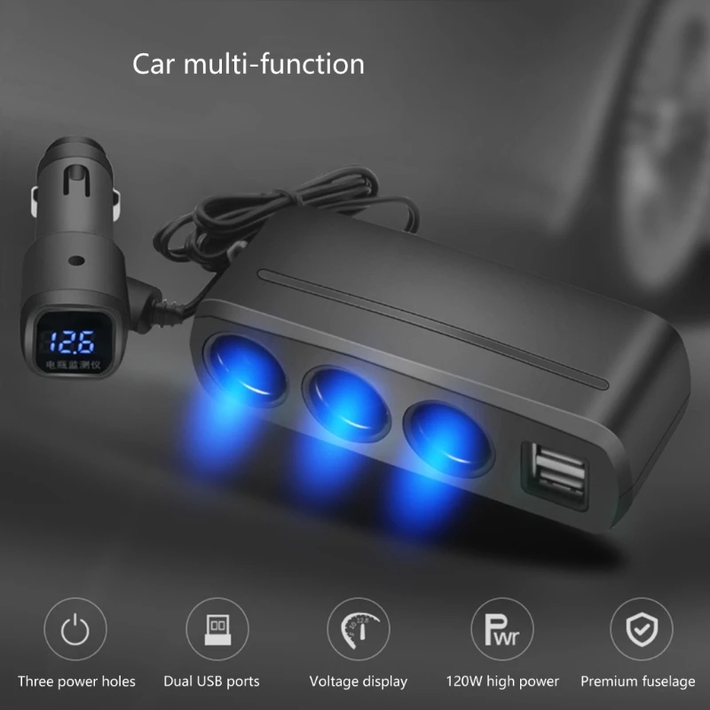 Car Charging Solution with 3 Way Socket Splitter and 2 USB Port for Phones Drop shipping