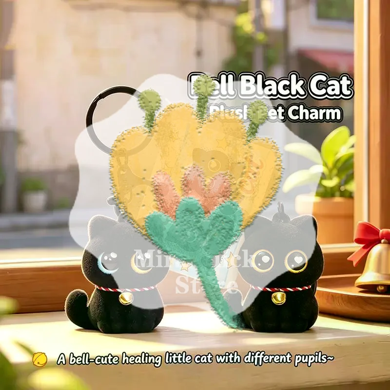 Flocked Black Cat Keychain with Glitter Big Eyes Golden Bell Lovely Pendant for Backpack Decor Children's Day Gift