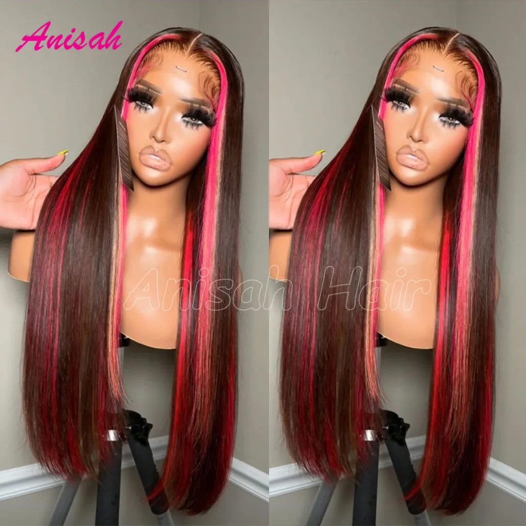 

Brazilian Hair Highlight Pink and Brown Human Hair 5x5 Lace Closure Glueless Wigs Bone Straight Lace Front Wigs For Women