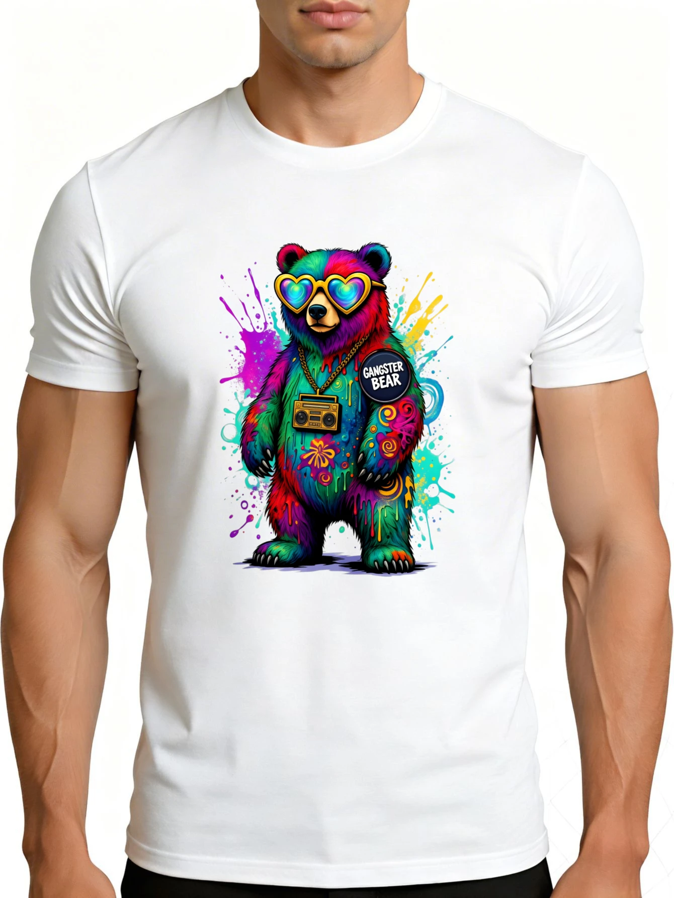 Colorful Graffiti Style Men's T-Shirt  Bear Design Summer Casual Wear Gift for Friends and Family