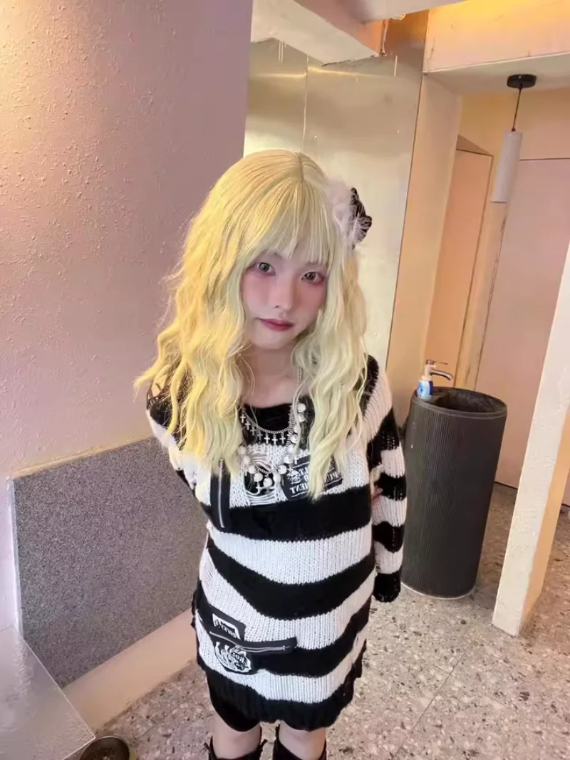 اليابانية الخريف والشتاء الظلام القوطية الجوف حفرة مخطط الشرير Harajuku ثقافة فرعية طاقم الرقبة محبوك سترة الاتجاه للنساء #6