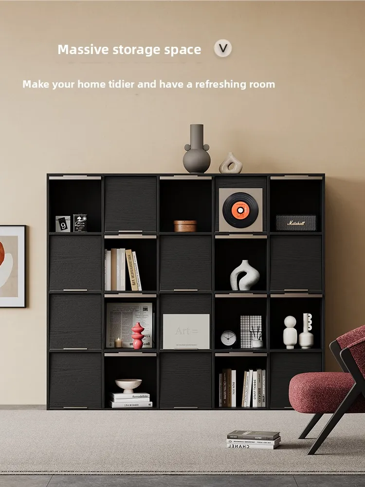 Black solid wood floor-to-ceiling bookcase, lattice cabinet, living room module combination, low magazine cabinet, display