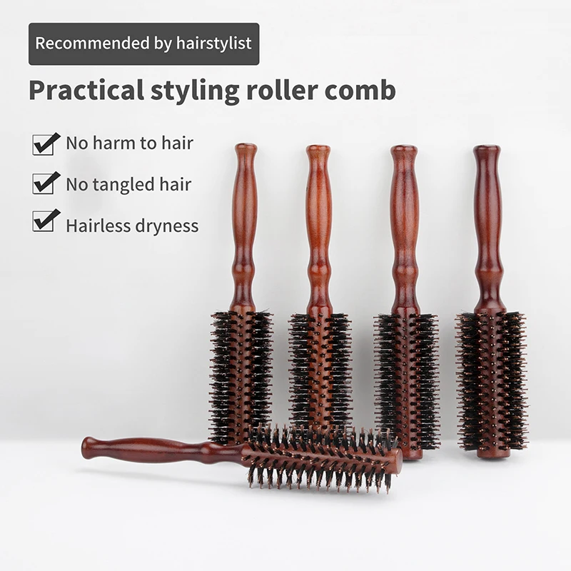 1Pcs Wood Handle Round Rolling Brush Straight Twill Hair Comb Boar Bristle Round Barrel Hair Curling Brush Hairdressing Tool