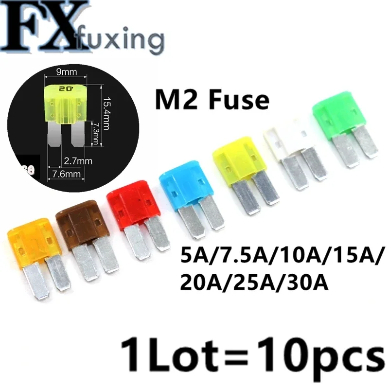 10 sztuk 5A 7.5A 10A 20A 25A 30A AMP Micro 2 długie nogi bezpiecznik 9mm x 15.5mm Mini M2 długa stopa bezpiecznik samochodowy wkładka