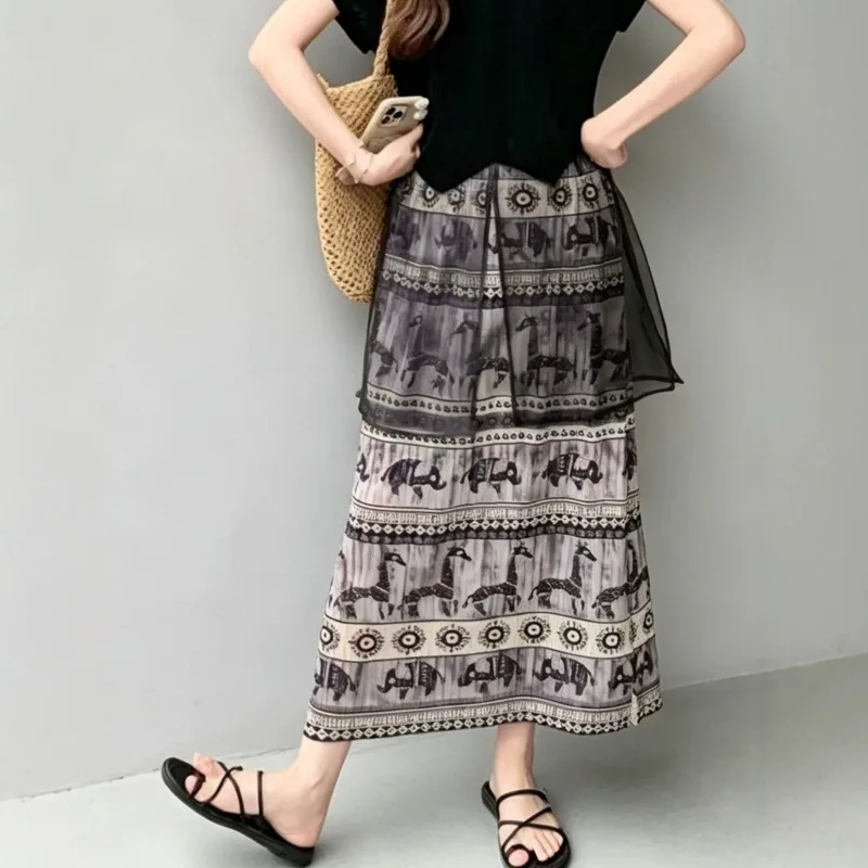 Miyake Pleated 2026 New Pleated High-End Women's Elastic Waist Loose Printed Straight Skirt Casual Versatile Half Skirt Summer