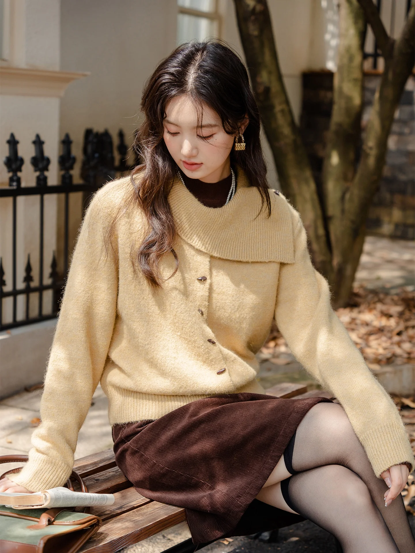 

Charming Orange Yellow Collar Long Sve Women's Knitted Sweater Early Autumn Open Cardigan Outerwear Polyester Fiber