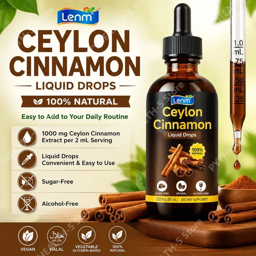 Lenm Ceylon Cinnamon Extract Liquid Drops with 1000 Mg, Antioxidant Support, Sugar-Free Halal, 100% Natural Alcohol-Free 60 ML