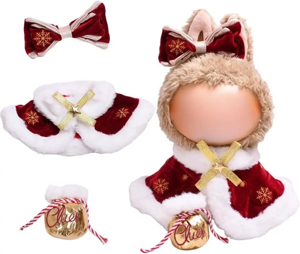 

Clothes for 38cm Labubu Christmas Flannel Red Cloak 3-Piece Set – White Plush Trimmed Cape,Bow Hairpiece & Gold Lucky Pouch