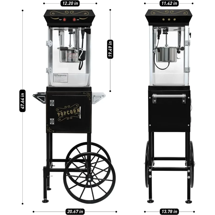 آلة صنع الفشار التجارية مع عربة 8 أوقية وعاء الفولاذ المقاوم للصدأ خمر صانع الفشار مع عجلات خزائن ملعقة زيت للمنزل
