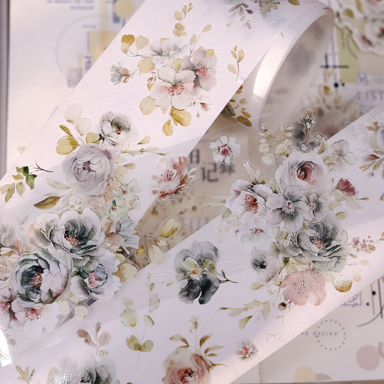 light-retro-floral-washi-tape-gentle-green-mountain-mist-washi-paper-and-pet-die-cut-diy-journaling-scrapbooking