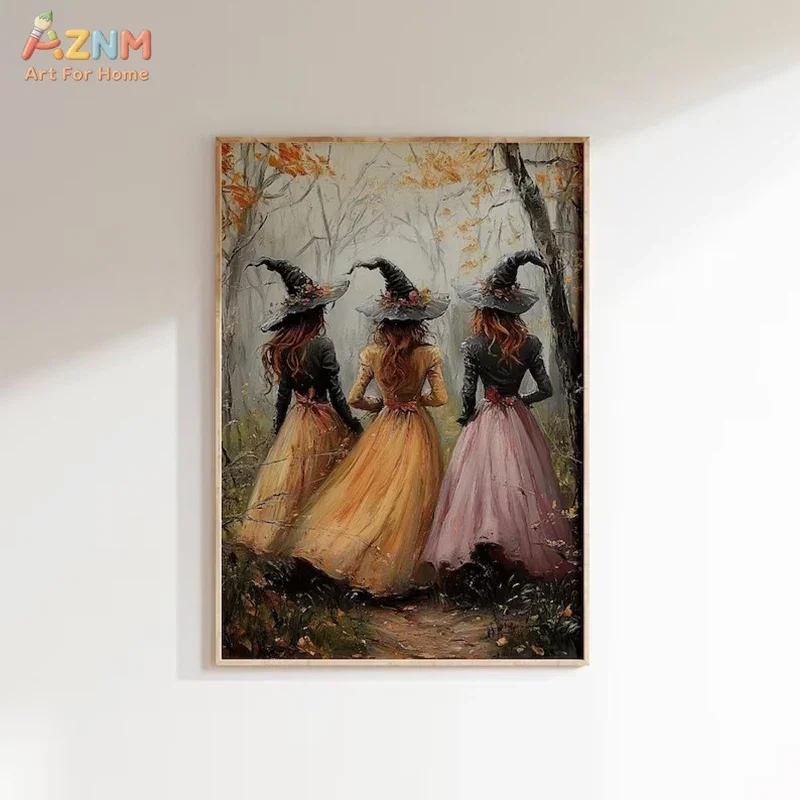AZNM Three Witches Walking in Autumn Forest Frameless Canvas Print, Vintage Halloween Oil Painting Poster for Home Wall Decor