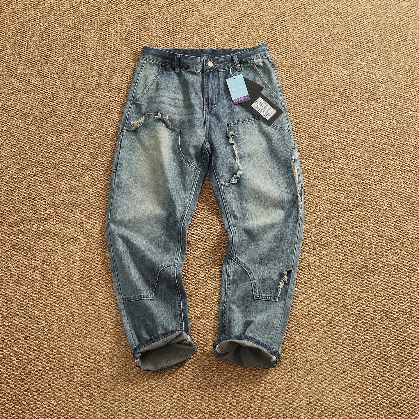 

Винтажная рабочая одежда American Lumberjack, потертые джинсовые брюки для мужчин — потертые свободные прямые зауженные джинсы-карго в стиле пэчворк